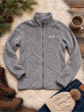 Jack Wolfskin Sherpa Fleece Jacket Women Small Grey Full Zip Outdoor Hiking Cozy